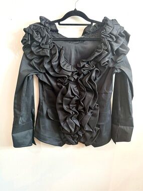 Samuel Dong Black Ruffle-Front Satin Blouse